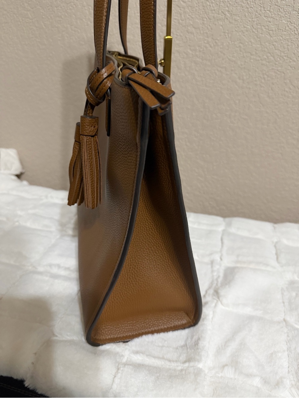 Tory Burch Thea Pebbled Leather Tote with Tassel in Moose Brown - Picture 3 of 15